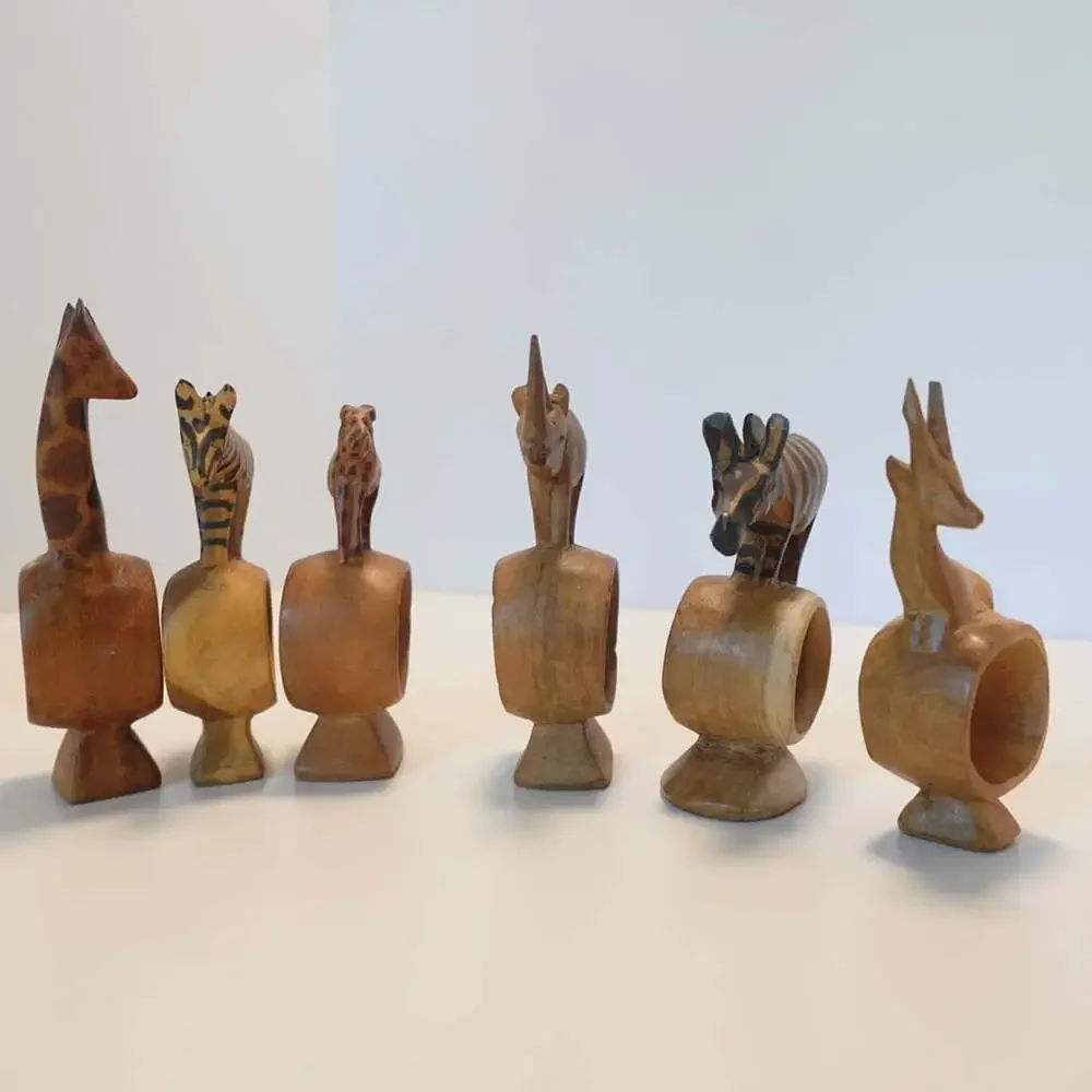 Vintage Hand Carved African Safari Animal Wooden Napkin Rings Set of 6